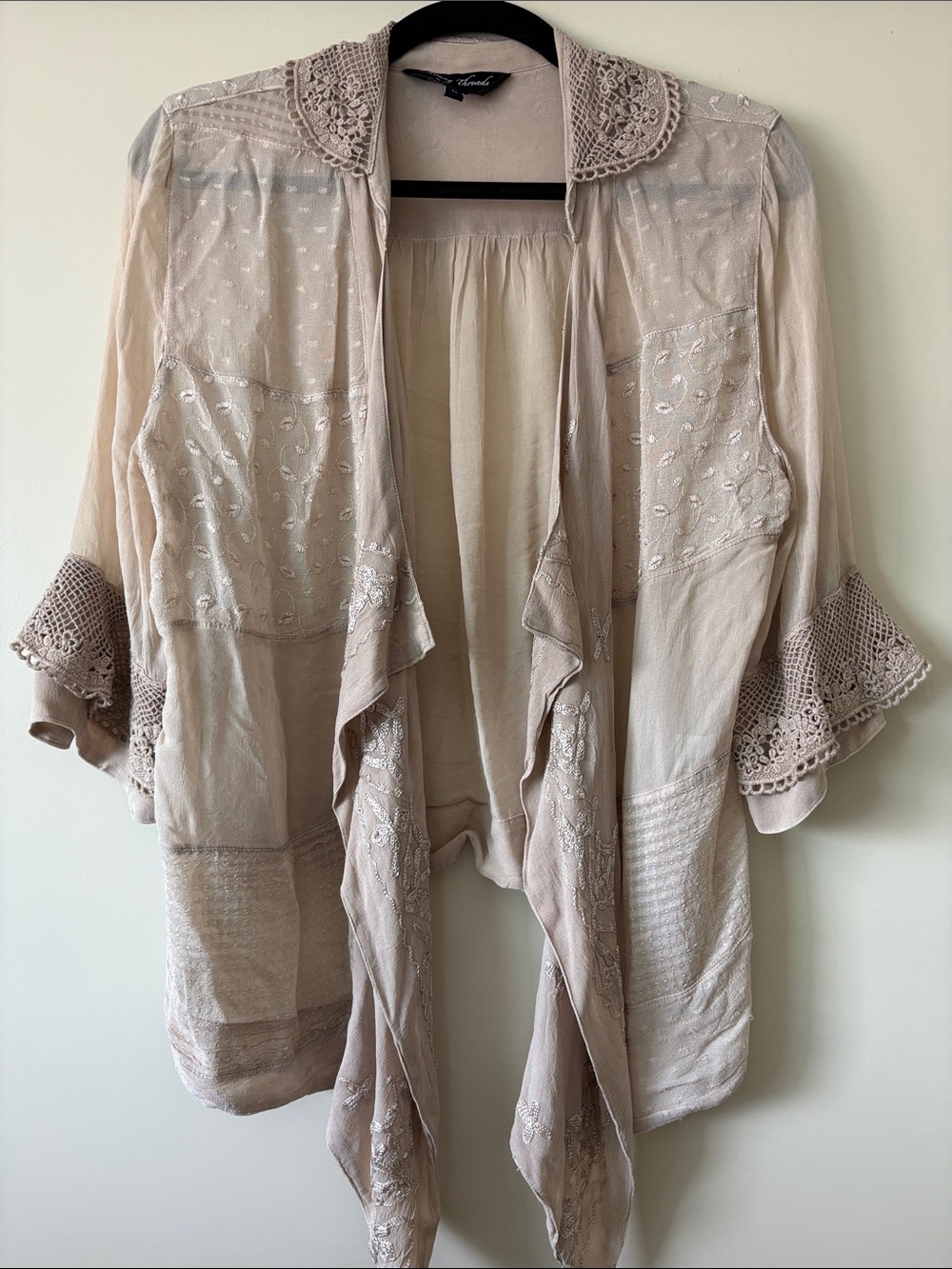 Young Threads Beautiful Boho Crochet-Trim Lightweight Open Front Waterfall Top